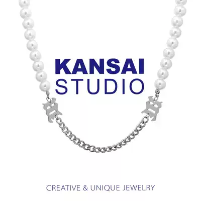 KANSAI Deng Ziqi same M letter stitching pearl necklace men and women trendy hip-hop choker titanium steel clavicle chain