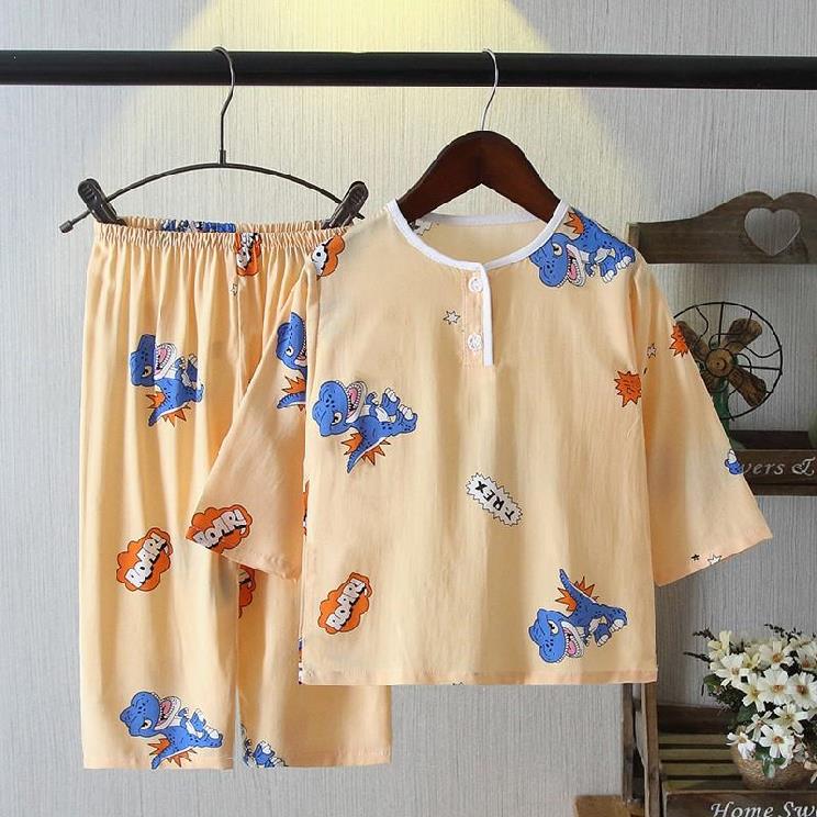 Childrens bông bông bông pajama set chàng trai mùa hè và cô gái dài tay quần short cotton lụa đồ ngủ nhà quần áo điều hòa không khí quần áo