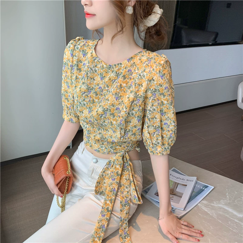 Mùa hè mới 2020 và phiên bản Hàn Quốc của top voan quai eo thon mềm mại thiết kế hoa retro - Áo sơ mi chiffon ren