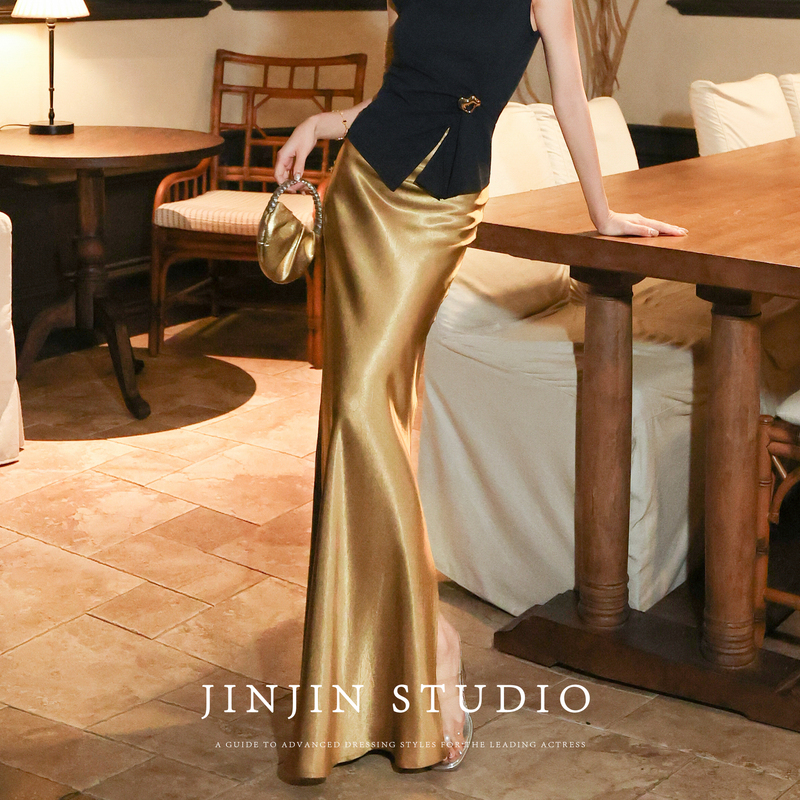 Md Original【A Touch of Gold】2026 Summer Golden Acetate Satin Design Draped Bodycon Long Dress