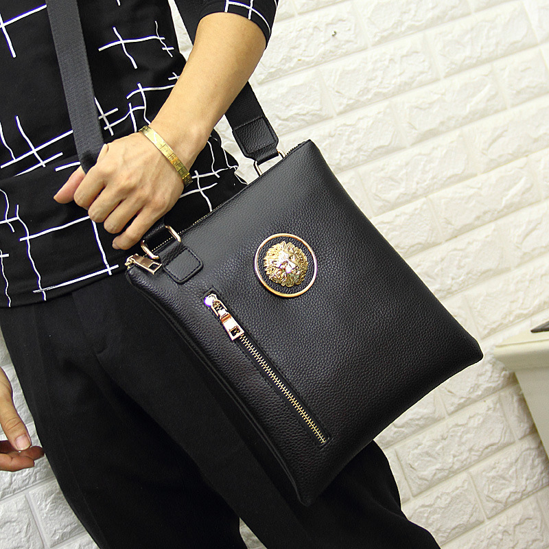 Male Bag Soft Leather Men's Oblique Cross Pack Business Casual Lion Head Single Shoulder Casual Vertical Tide Men's Shoulder Bag for Europe and America Chaumen