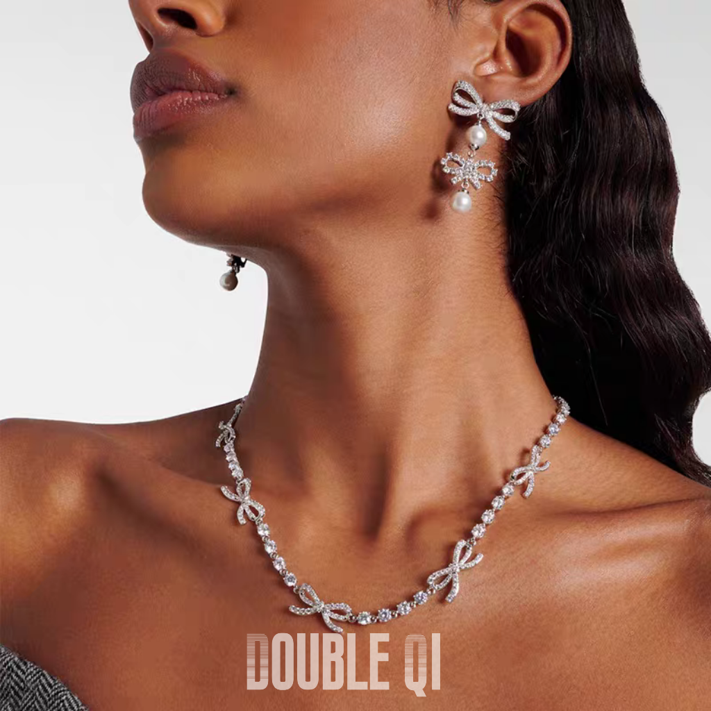 bow necklace & earrings jewelry set – rhinestone elegant clavicle fashion set