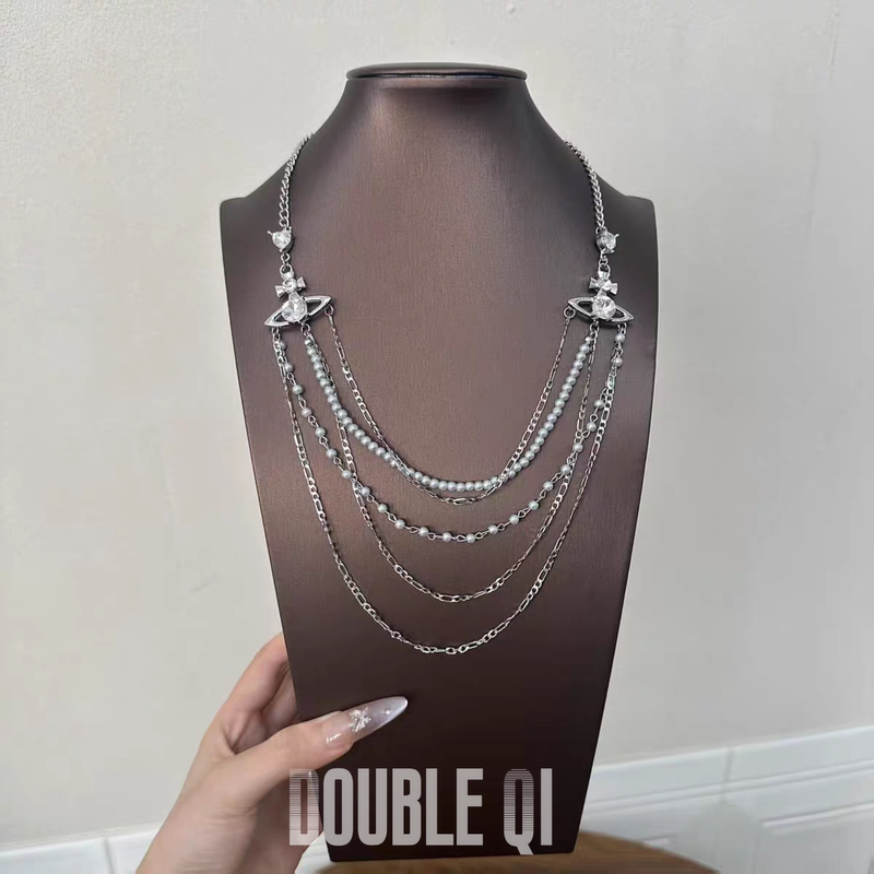 French Retro Pearl Empress Saturn Layered Necklace for Women, Light Luxury, High-End, Long Clavicle Chain, Elegant Neck Chain French Retro Pearl Empress Saturn Layered Necklace for Women, Light Luxury, High-End, Long Clavicle Chain, Elegant Neck Chain