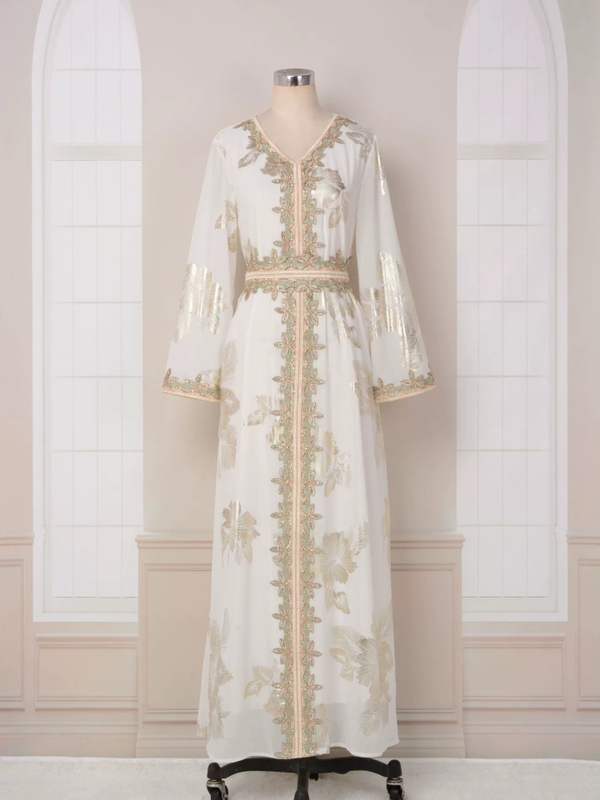 White New Long-Sleeved Elegant Floral Long Dress with a V-Neck and Gold Foil Detailing