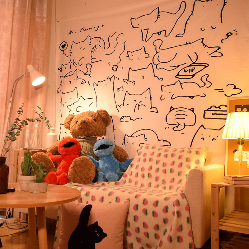 Meng to burst cute cute cat bedside background cloth net red room decoration ins Wind dormitory wall decoration cloth hanging painting