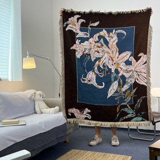 GALA自制 中古风百合花棉线毯子沙发毯床尾盖毯墙面装饰挂毯桌布