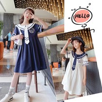 Girls dress Dress CUHK Child Summer 2022 New Thin Models Foreign Air Fashion Design Feel Navy Wind Short Sleeve Dresses