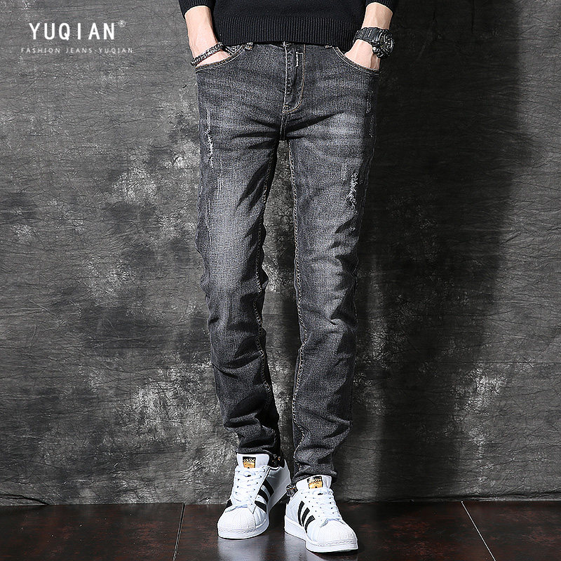 Ripped jeans men's spring and autumn new Korean version trend smoke gray straight loose long pants ins high street tide brand