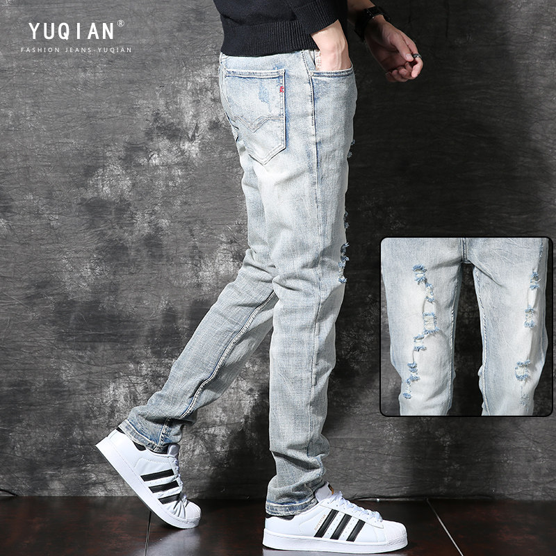 Jeans men's tide brand spring and autumn loose straight long pants light color trend Korean version all-match beggar hole pants