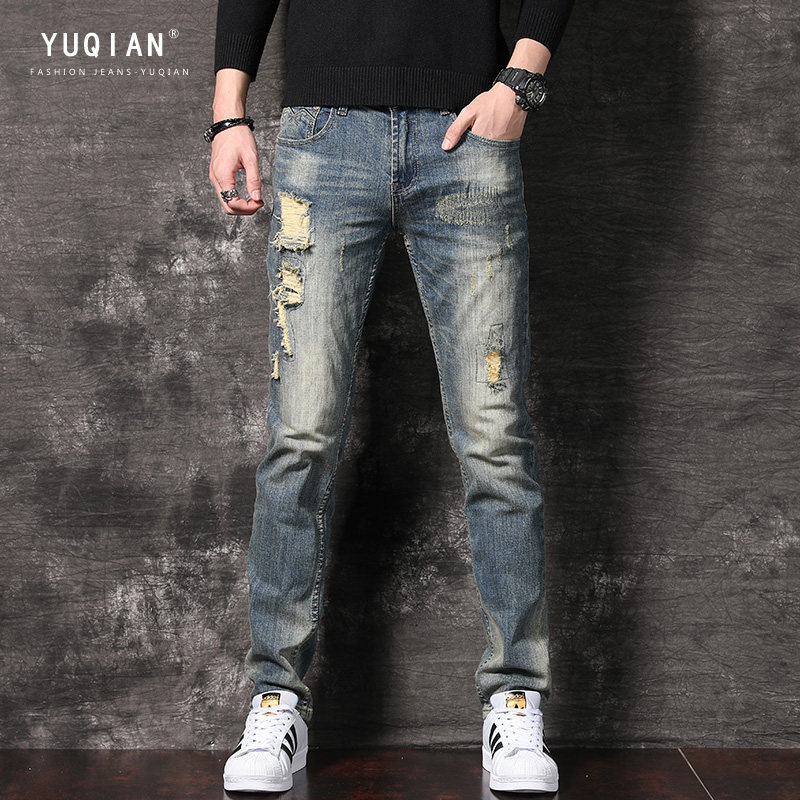 Spring Fall New Broken Cave Retro Denim Jeans Men's Tide Sign Up Straight Drum Pants Elastic Korean version Trend 100 hitch-Taobao