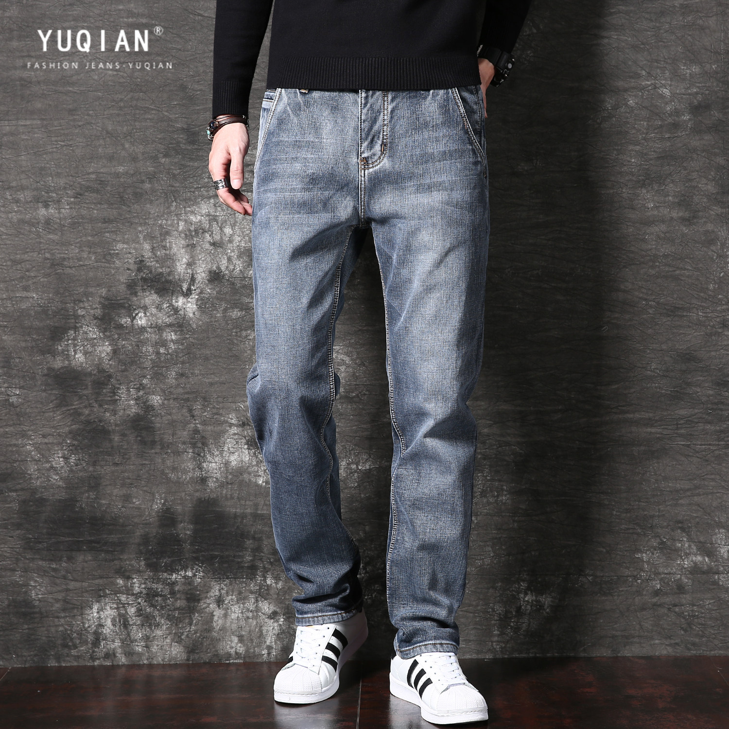 Autumn and winter high-end jeans men's plush plus thick straight leg loose blue size wide leg pants men's high-end long pants