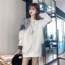 New spring and autumn thin sweater women tie-dyed ins gradual loose Harajuku wind long sleeve top 2021 long model