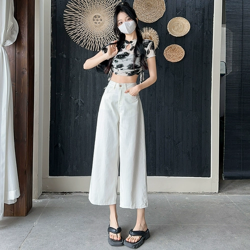 Джинсы, летние штаны, высокая талия, свободный прямой крой, подходит для подростков