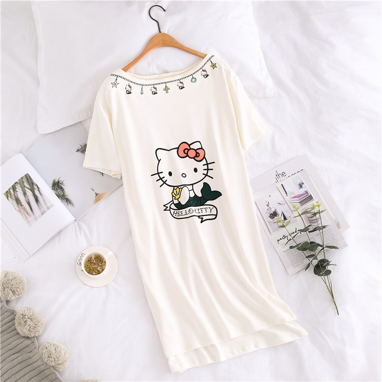 HelloKitty nightdress nữ mùa hè Hàn Quốc phiên bản của sinh viên mới cotton ngắn tay có thể mặc lỏng dài-đồ ngủ dài