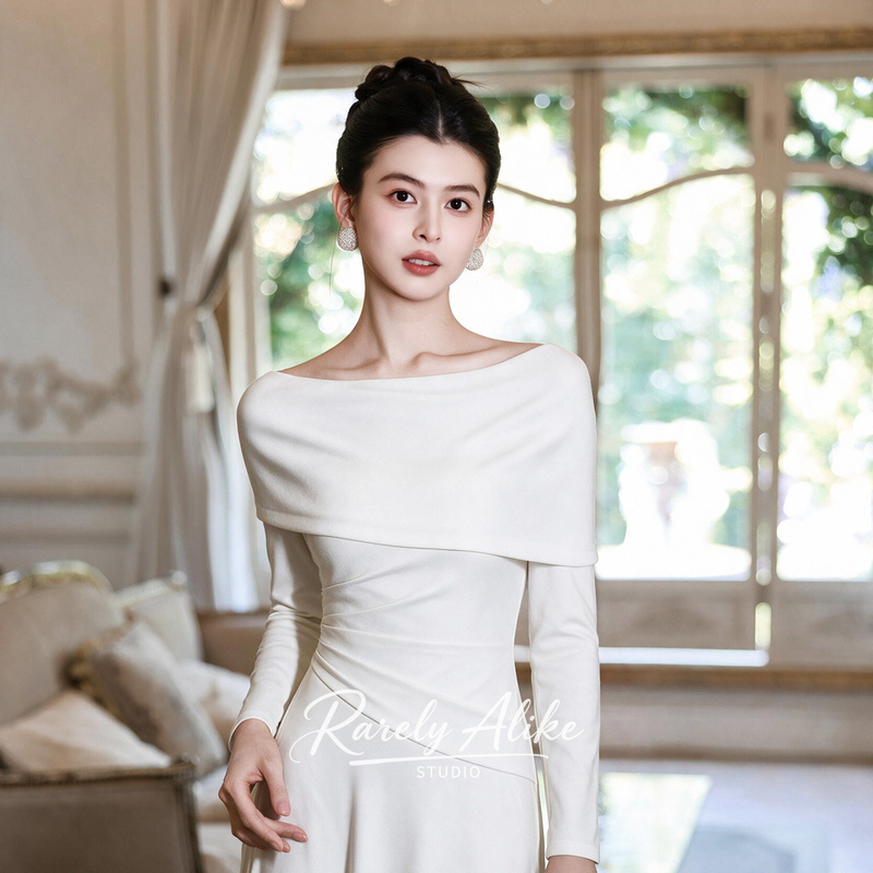 Engagement Dress for Women "Cloud Pleats" French-Style White Toast Dress, Long-Sleeve Wedding Dress for Petite Brides, Slim Fit Engagement Dress for Women "Cloud Pleats" French-Style White Toast Dress, Long-Sleeve Wedding Dress for Petite Brides, Slim Fit