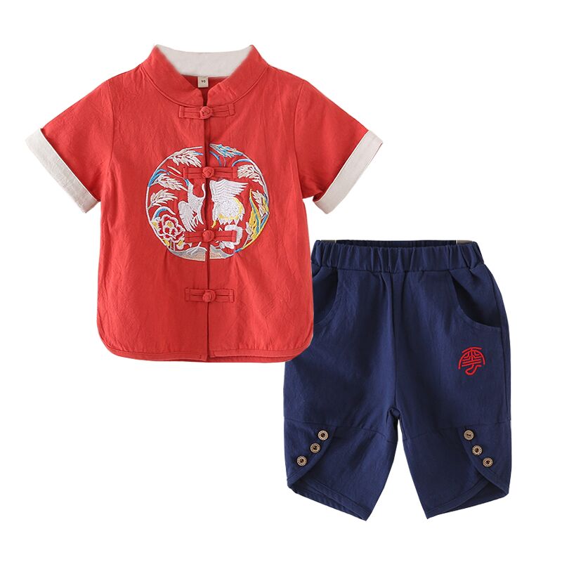 Boys short-sleeved retro cotton and Hemp Hanfu Children's summer suit Year-old catch weekly clothes Female baby Chinese style Tang suit