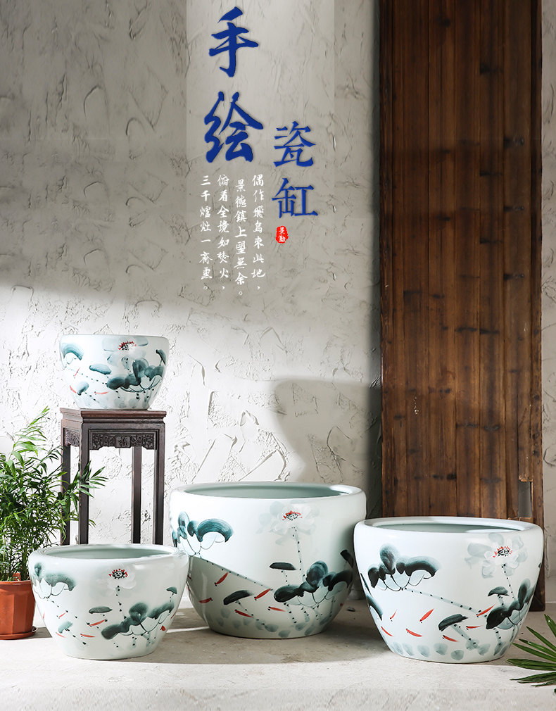 Jingdezhen ceramic aquarium tank large ceramic creative hand - made lotus goldfish turtle cylinder Chinese style household furnishing articles