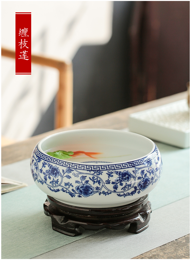 Jingdezhen ceramic aquarium goldfish large blue and white turtle slept GangPen bowl lotus refers to basin of lotus cylinder small POTS