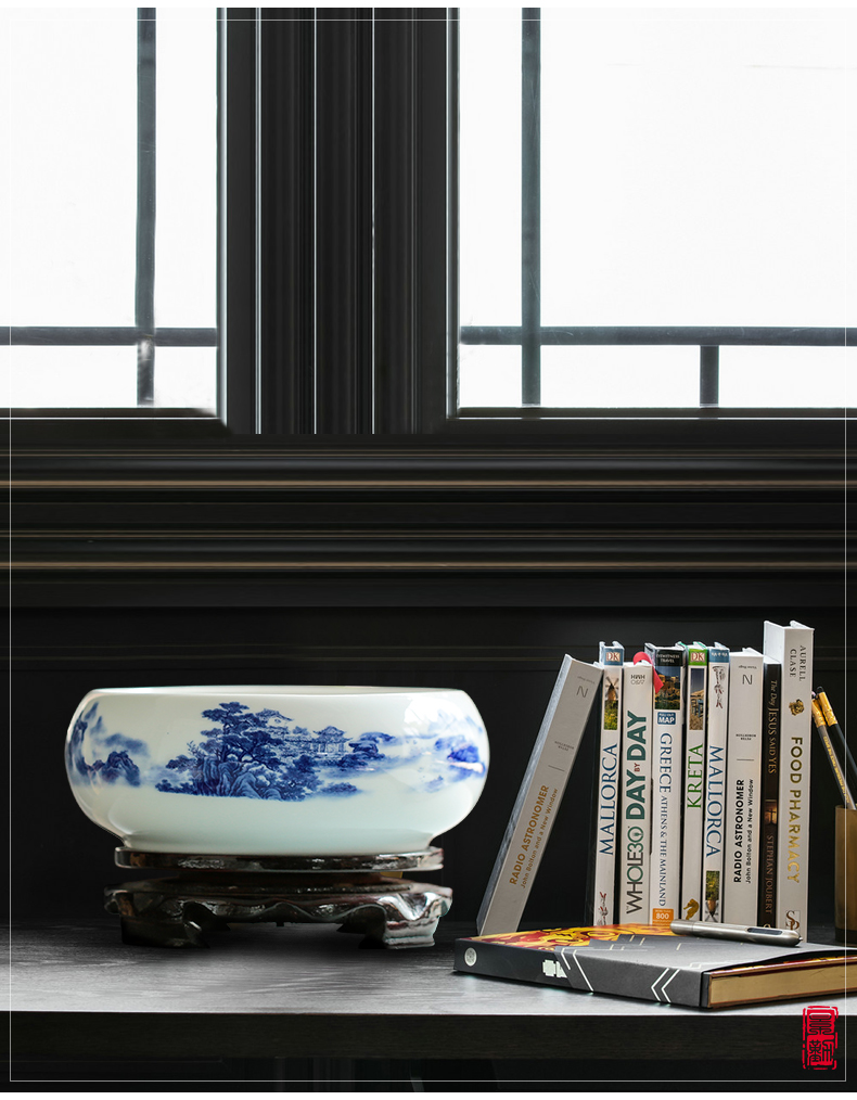 Jingdezhen ceramic aquarium goldfish large blue and white turtle slept GangPen bowl lotus refers to basin of lotus cylinder small POTS