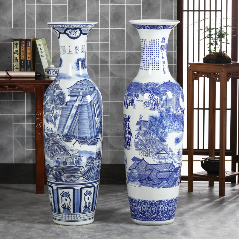 Jingdezhen ceramic floor-to-ceiling large vase antique blue and white porcelain Qingming Shanghe map living room high ornaments hotel decorations
