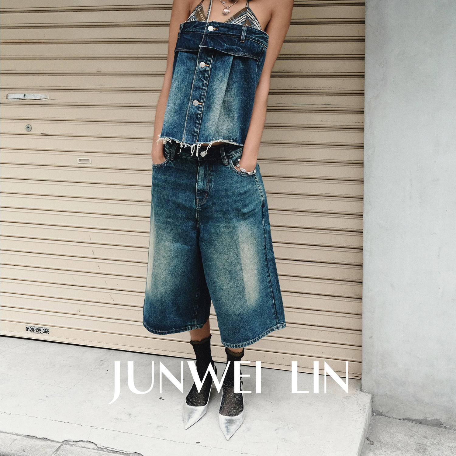 JUNWEI LIN SS24 亞黃色復古闊腿時尚牛仔中褲