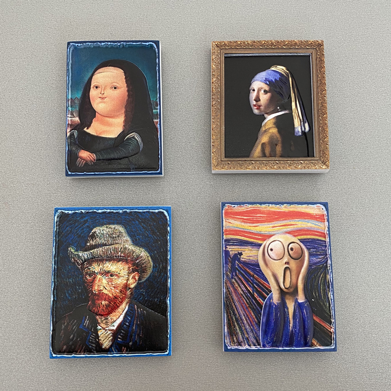 (4 pcs)Van Gogh Mona Lisa Scream Girl Magnetic resin Refrigerator Sticker with Pearl Earrings