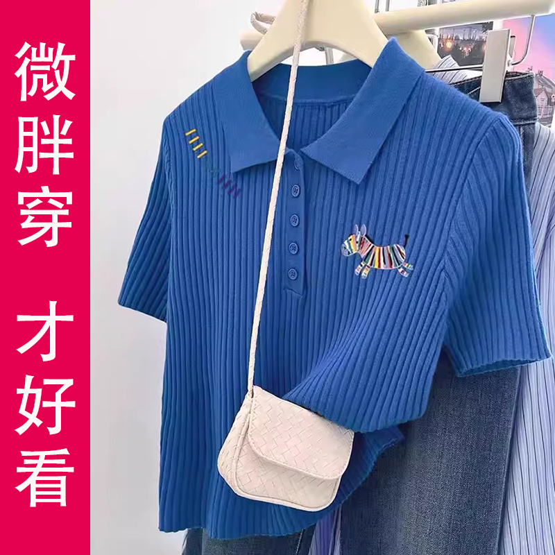 Klein Blue Plus-Size Short-Sleeved Knit Top with Regular Shoulders, Summer Trendy and Age-Reducing Fashion, Polo Collar, Large Size Women's Clothing Klein Blue Plus-Size Short-Sleeved Knit Top with Regular Shoulders, Summer Trendy and Age-Reducing Fashion, Polo Collar, Large Size Women's Clothing