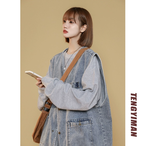 Tide, джинсовый жилет без рукавов, майка топ, модная куртка, V-образный вырез, большой размер, популярно в интернете