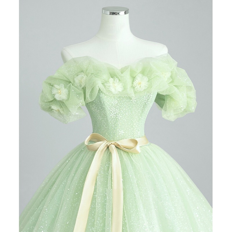 Green Evening Dress for Women, High-End Light Luxury Niche One-Shoulder Princess Dress, Graduation Ceremony Coming-Of-Age Ceremony Host Long Dress