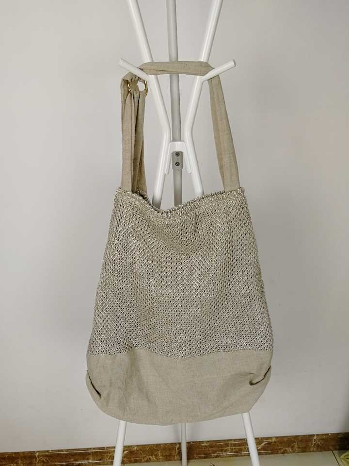 Han Edition Handmade Original Knit Linen Splicing Increased Single Shoulder Bag Large Capacity Natural Linen Bag