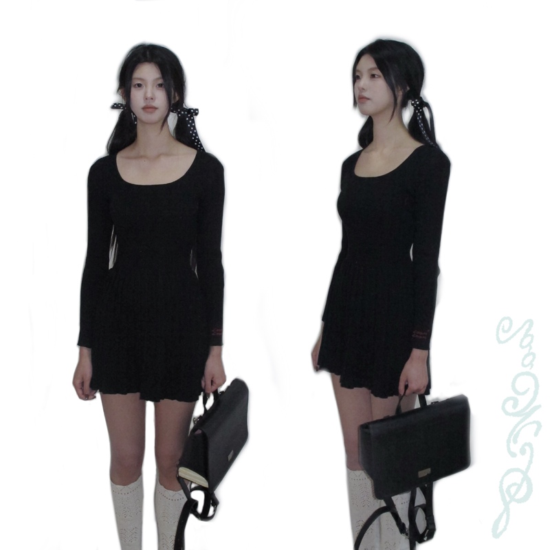 Loomloom Original Cat-Themed Afternoon Tea * U-Neck Slimming Pleated Long-Sleeve Dress Versatile Loomloom Original Cat-Themed Afternoon Tea * U-Neck Slimming Pleated Long-Sleeve Dress Versatile