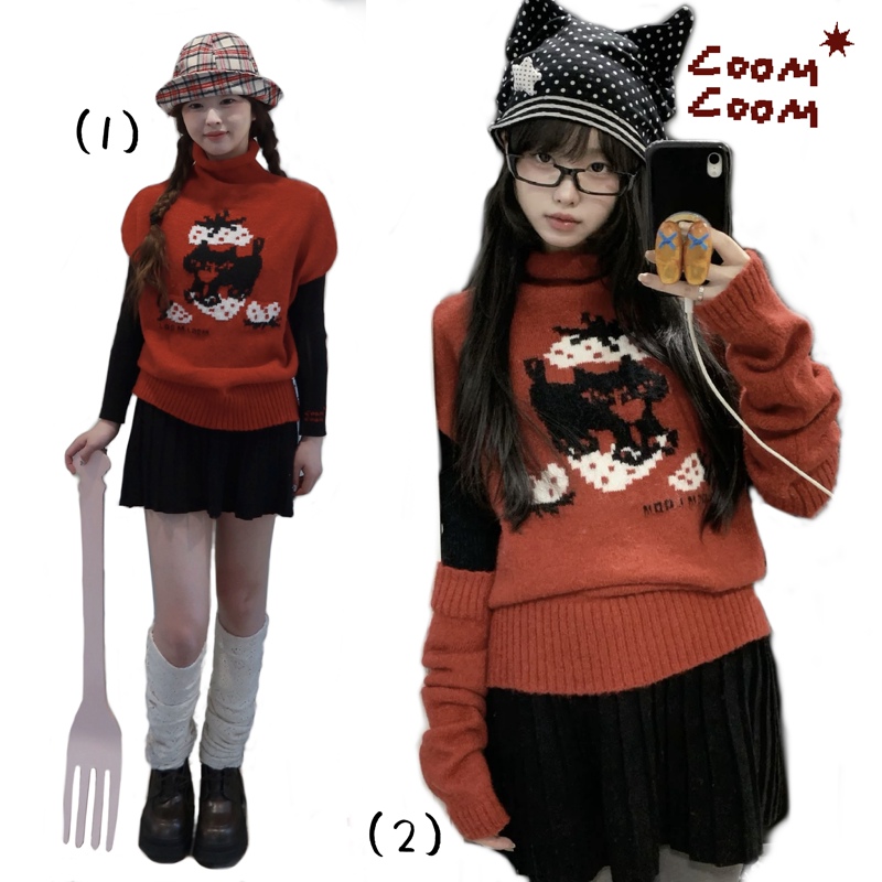Loomloom Original Cat-Themed Afternoon Tea* Multi-Wear Mohair Patchwork Sleeve Strawberry Pattern Turtleneck Sweater