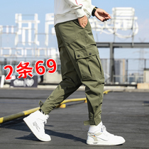 Spring and Autumn Guochao overalls mens trendy brand size ankle-length pants ins tie pants mens loose chic hip pants