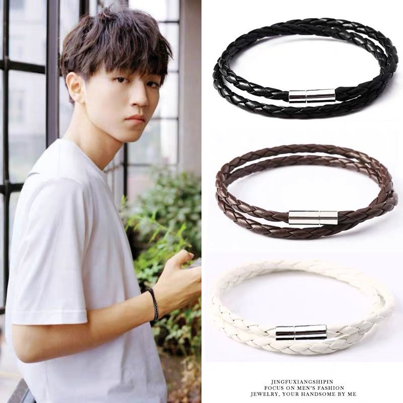 Korean Version 40cm Unisex Casual Leather Cord Bracelet, Double-Layer Braided Pu, Genuine Cowhide Two-Layer Black Buckle Bracelet Korean Version 40cm Unisex Casual Leather Cord Bracelet, Double-Layer Braided Pu, Genuine Cowhide Two-Layer Black Buckle Bracelet