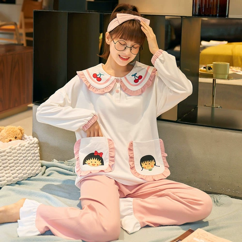 魅娴 Осенняя демисезонная пижама, хлопковый тонкий лонгслив, мультяшный комплект