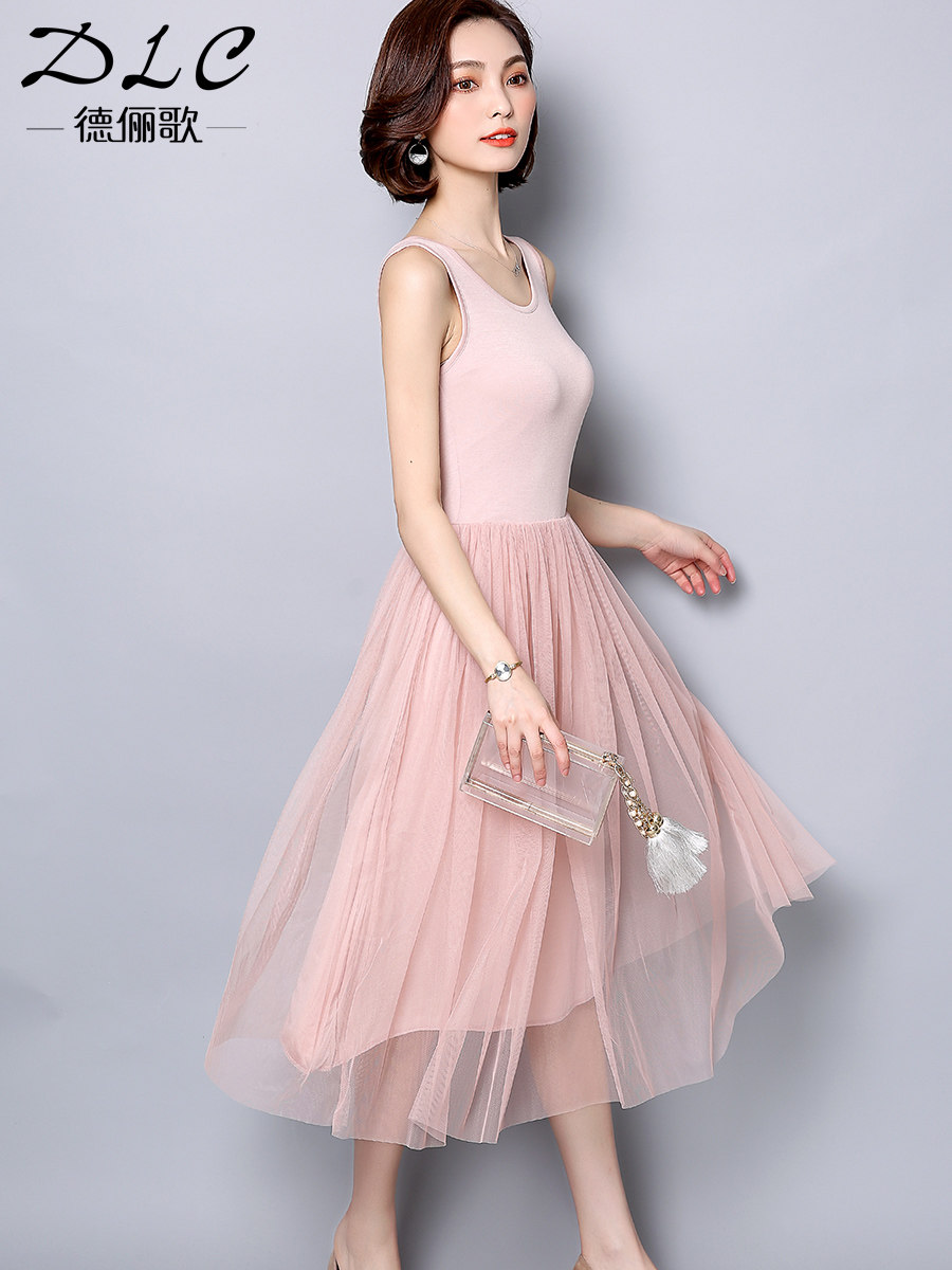 Suspender dress women's spring and autumn sleeveless in the middle and long version of the mesh skirt outside wear a wild back lace base skirt