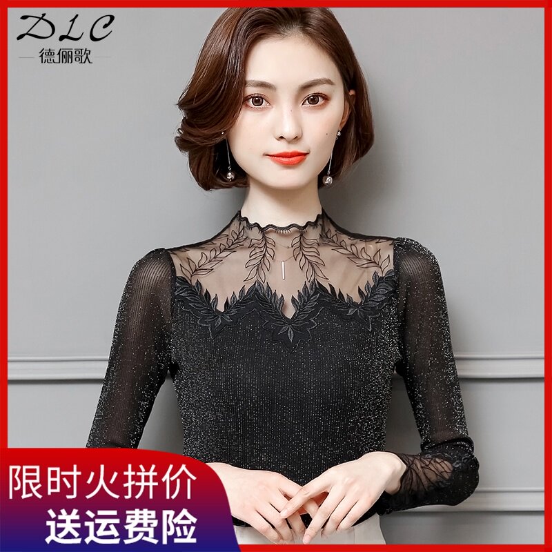 2021 new lace base shirt women's spring and autumn sexy high-neck thin mesh top hollow out with a Foreign style shirt