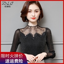 2021 New lace base shirt womens autumn and winter sexy turtleneck thin mesh top hollow with foreign style shirt