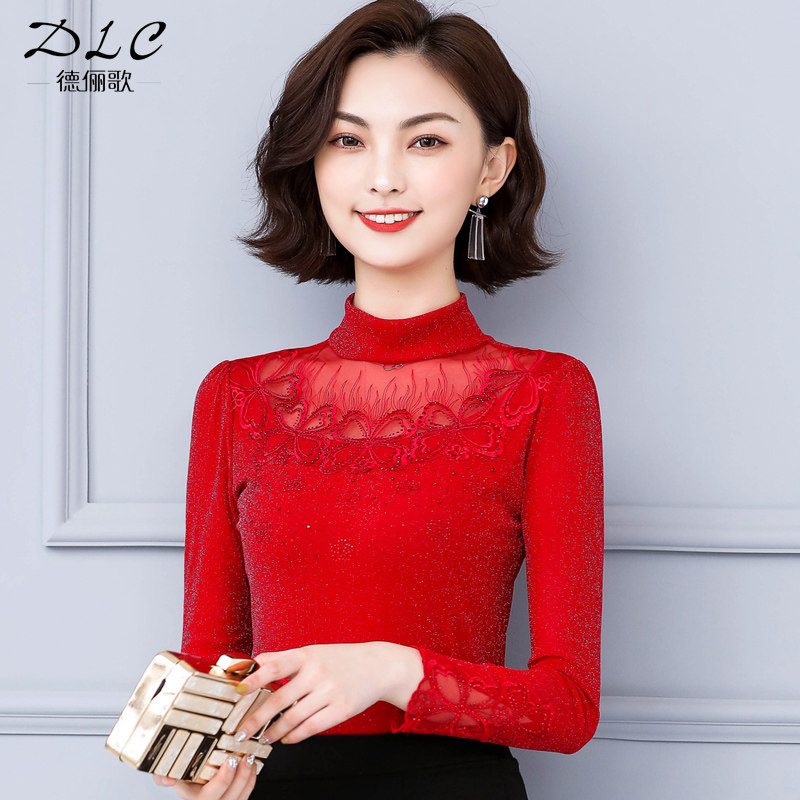 Red lace base shirt women's autumn and winter high neck openwork fashion short shirt with thin Western style wild mesh top