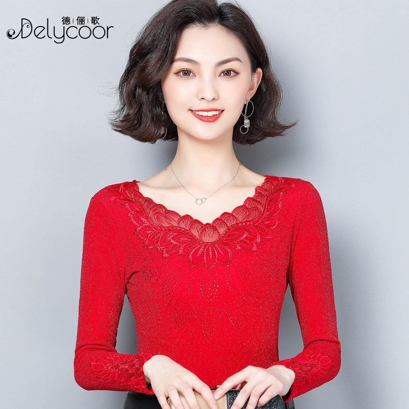 Red lace base shirt women's autumn and winter velvet long-sleeved 2021 new foreign school tie small shirt thin mesh top