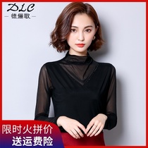 Lace base shirt female spring and autumn long sleeve with thin mesh coat Joker slim fit black foreign high neck shirt