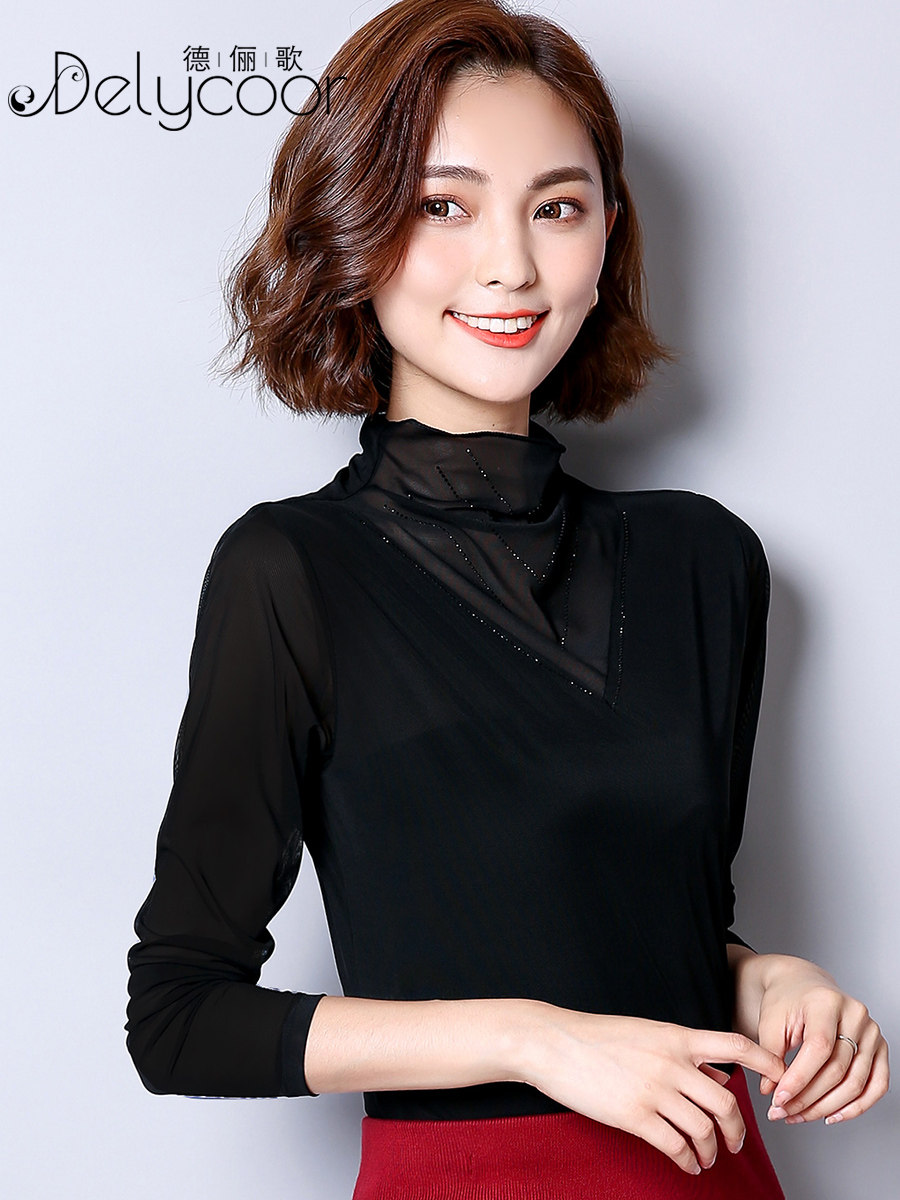 Lace base shirt women's spring and Autumn thin Western style black turtleneck mesh top Small shirt Wild long-sleeved T-shirt
