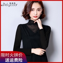 Lace base shirt Female Spring and Autumn Thin Western Black High Collar Inner Lap Mesh Top Small Shirts Joker Long Sleeve T-shirt