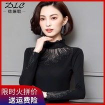 Lace base shirt womens autumn and winter Joker long sleeve turtleneck plus velvet net coat black interior warm small shirt