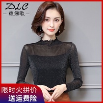 Bright silk mesh base shirt female spring and autumn Joker thin long sleeve sexy shoulder lace black coat tide