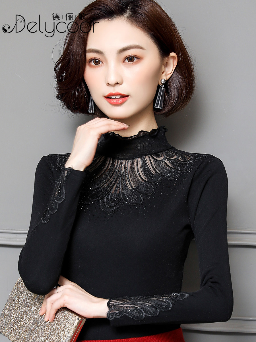 Lace base shirt Women's autumn and winter wild long-sleeved turtleneck velvet mesh top Black inner tie Foreign school warm shirt