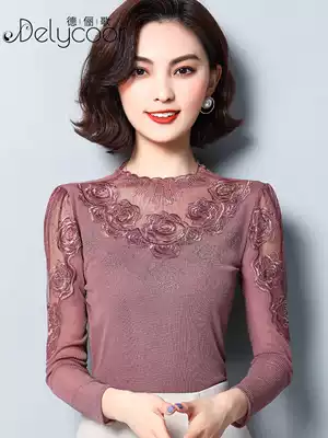 2021 New lace base shirt female spring and autumn with thin long-sleeved mesh top turtleneck Joker foreign pie shirt