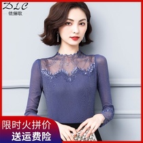 Lace top women autumn and winter 2021 New thin high collar net gauze base shirt thin foreign style long sleeve T-shirt