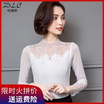 White net gauze base shirt women long sleeve autumn and winter wear slim size lace T-shirt Slim high neck thin top