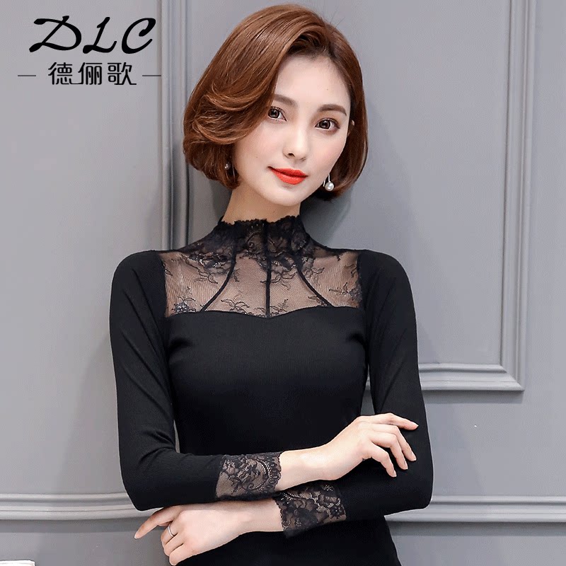 2021 new base shirt women's autumn and winter long-sleeved Western style lace slim-fit wild high-neck openwork modal top